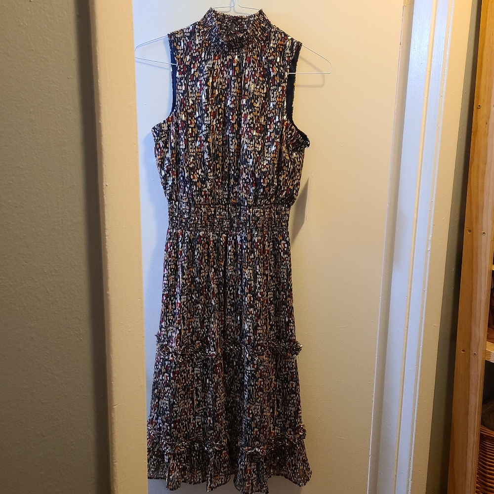 NWT Sam and Jess Women's  Ruffled Mock Neck Modern Navy/Red/Gold dress Sz PM